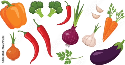 Fresh Colorful Vegetable Vector Collection Featuring Bell Pepper Broccoli Chili Onion Garlic Carrots and Eggplant Icons for Healthy Cooking Food and Nutrition