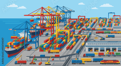 Busy commercial shipping port illustration with cranes loading containers onto a cargo ship, trucks, and a freight train in a bustling industrial harbor scene