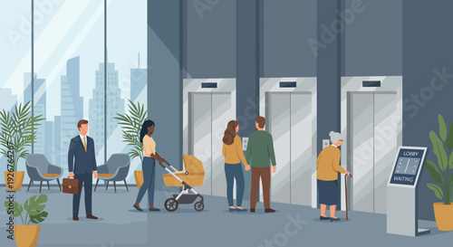 Diverse group of cartoon people waiting in a queue for an elevator in a modern building lobby with large windows showing a city skyline, a flat vector illustration of everyday urban life