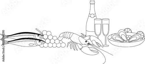 Seafood platter with champagne, lobster, grapes, and fish