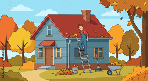 Man in overalls cleaning fallen autumn leaves from a house roof gutter while standing on a ladder in the yard during a sunny day, flat cartoon vector illustration
