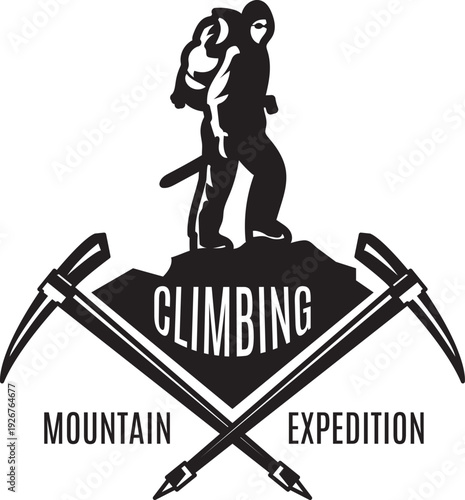 Climbing mountain expedition black logo with crossed pickaxes