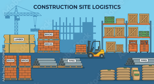 Construction site warehouse logistics flat vector illustration with a forklift moving pallets of bricks, organized stacks of lumber, pipes, and crates on shelves for building supply management