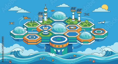 Futuristic floating city with hexagonal modules and glass domes powered by solar energy, illustrating a sustainable vision of future life over a blue ocean