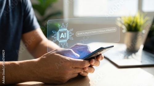 Man using smartphone with AI productivity tools on screen