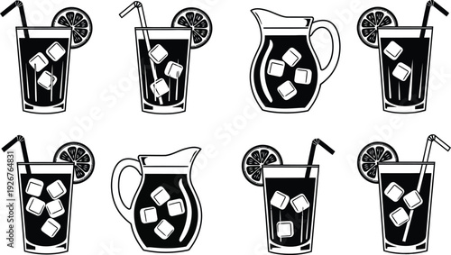 Eight variations of iced lemonade glasses and pitcher with straws and slices