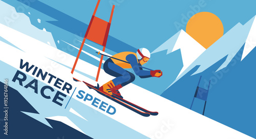 Dynamic vector illustration of a skier racing downhill at high speed, passing a red gate during a winter sports competition on a snowy mountain slope under a bright sun