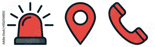 Modern line art icons set featuring a siren, a location pin, and a telephone receiver for emergency and communication services