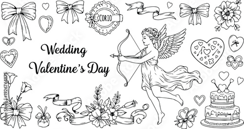 Cute elements decorated with whimsical bows, ribbons and heart. Elegant female cupid, flowers, cake. Vintage hand drawn line art vector illustrations for wedding or valentine day card invitation