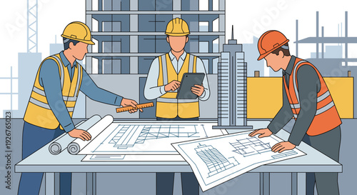 Team of three faceless construction engineers in hard hats and vests collaborate over architectural blueprints and a building model at a construction site, illustrating teamwork and planning