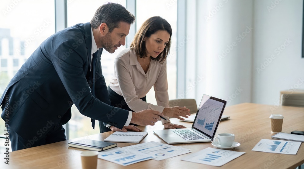 Obraz premium Business professionals analyzing data on laptop in modern office