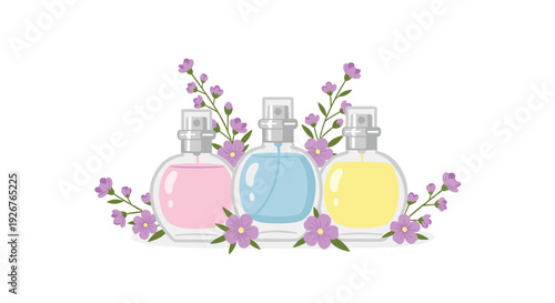Three round glass perfume bottles with pink blue and yellow liquids are clustered together with small purple flowers on a white background.