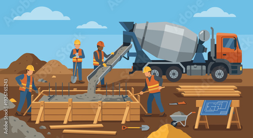 Construction workers team pouring concrete from a mixer truck into wooden formwork for a building foundation at a construction site, a flat vector illustration