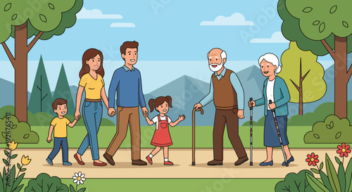 Large multi-generational family with parents, children, and senior grandparents walking together on a path in a beautiful park, enjoying quality time outdoors