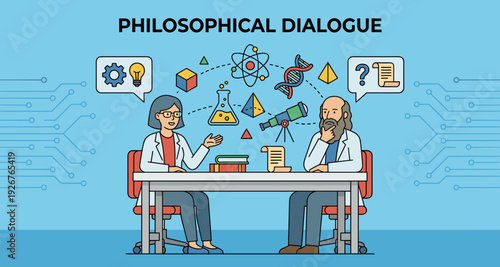 Two cartoon scientists in lab coats having a philosophical discussion at a table surrounded by icons representing science, research, and knowledge on a blue background