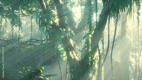 Quadro su tela Lush green vines drape down from towering trees as sunlight breaks through the canopy