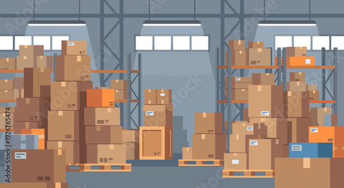 Warehouse interior with many cardboard boxes stacked on pallets and metal shelves in a large, organized storage facility with overhead lighting, a flat vector illustration