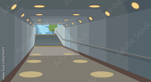 Empty underground pedestrian crossing tunnel with stairs leading to a sunlit street exit, featuring modern recessed ceiling lights and a clean, minimalist vector illustration style