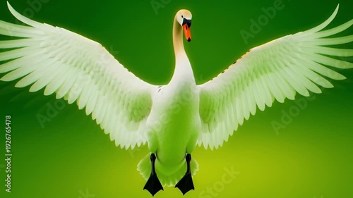 Graceful White Swan Spreading Wings Against Vibrant Green Background in Natural Habitat