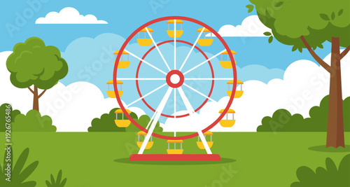 Large red Ferris wheel with yellow cabins stands in a green park on a sunny day with a blue sky and white clouds in a flat vector illustration style