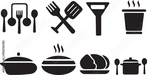 Black and white icons depicting various cooking utensils and prepared food items