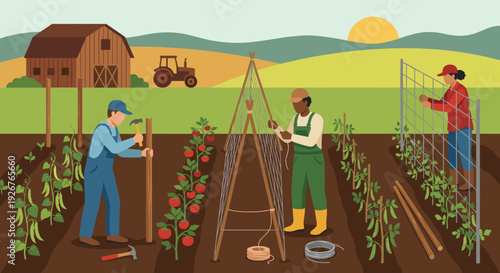Diverse group of farmers working together building trellises for tomatoes and beans in a vegetable garden on a farm with a barn and tractor in the background