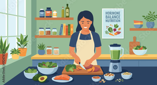 Happy young woman in an apron cooks a nutritious meal for hormone balance in her kitchen, surrounded by fresh vegetables, salmon, avocado, and a green smoothie