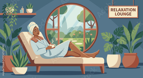 Serene woman in a blue bathrobe relaxing on a lounge chair with a cup in a tranquil spa room with a large round window and lush green plants