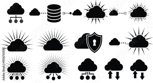 Black Cloud Computing Icon Set Featuring Data Storage Servers Security Shield Network Connections Information Transfer and Digital Infrastructure Graphics for Technology Web Design