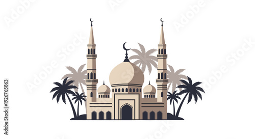 A beige and brown mosque with a central dome and two tall minarets stands surrounded by palm tree silhouettes against a plain white background.