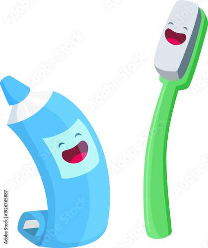 Toothpaste and toothbrush mascots. Happy laughing cartoon characters