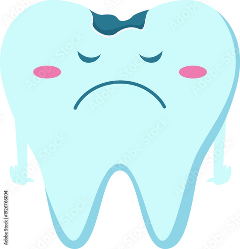 Sad tooth with caries cavity. Dental damage mascot