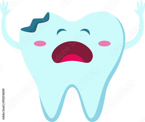 Broken tooth crying. Upset dental health mascot
