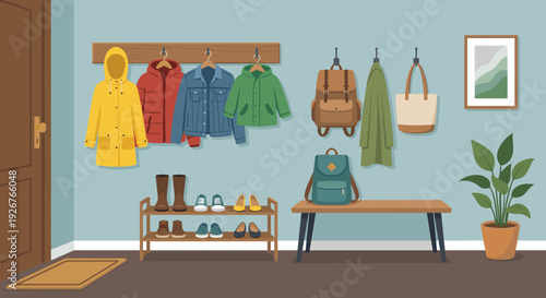 Cozy home entryway interior with colorful jackets and shoes organized on racks and a bench, creating a welcoming and tidy domestic scene in a flat vector illustration style