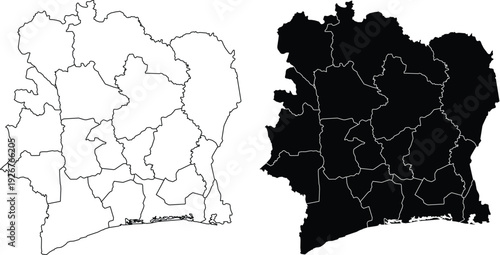 Ivory Coast Map with Regions Outline and Solid Map