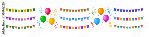 Festive bunting with colorful pennants with balloons and confetti streamers for birthday party atmosphere. Flags on rope for carnival celebration. Bright happy anniversary decoration elements.