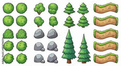 Nature and landscape game asset collection. Includes bushes, trees, rocks, and ground elements. Created in pixel art style with green and brown palette.