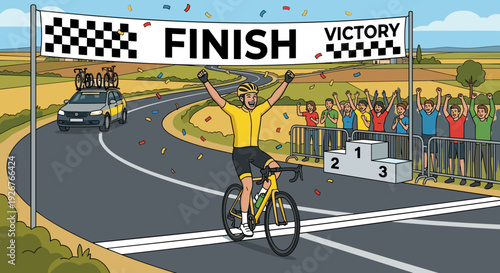 Joyful cartoon cyclist in a yellow jersey winning a bicycle race, crossing the finish line with arms raised in celebration as confetti falls and a crowd cheers
