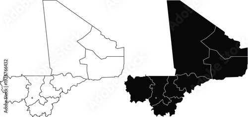 Mali map with internal regions outline and silhouette