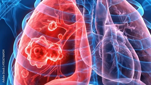 3d rendering of human lung displaying cancerous tumor growth within a medical illustration, suitable for health education, science communication, medical research, and biotechnology.