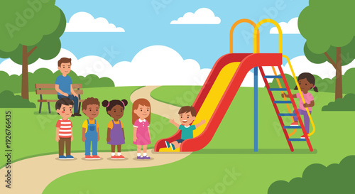 Diverse group of happy children playing together on a colorful slide at an outdoor playground on a sunny summer day with a man watching from a park bench