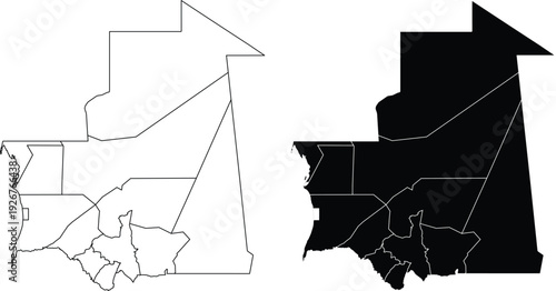 Mauritania outline map with regions and solid map silhouette
