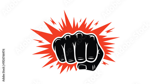 Frontal view of clenched fist with orange explosion blast in background