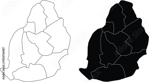 Mauritius outline map with regions and solid map silhouette