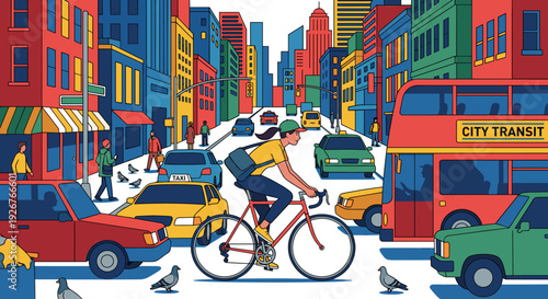 Young female cyclist riding her bicycle through a bustling city street filled with cars, a double-decker bus, and pedestrians under a modern skyline