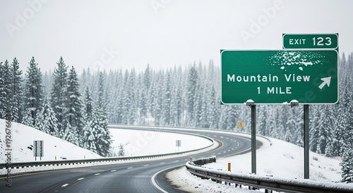 Snowy mountain road with highway sign indicating exit for Mountain View  