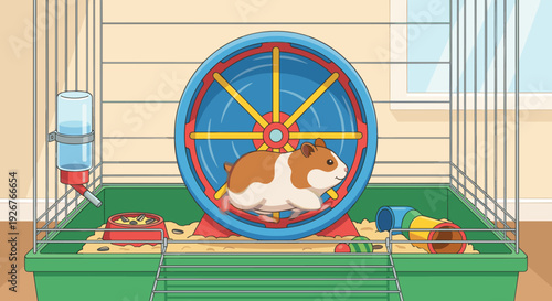 Cute brown and white hamster joyfully runs in its colorful exercise wheel inside a spacious wire cage, with a water bottle, food bowl, and tunnel visible against a light beige wall