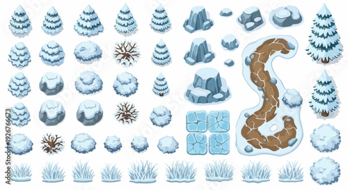 Winter landscape isometric game asset collection. Includes snow-covered fir trees, bushes, rocks, frozen grass, and a winding snowy path. Created in a cartoon style with a blue and brown color