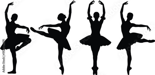 Ballet dancer silhouettes performing classical dance poses in tutu isolated on white background graceful ballerina art performance concept