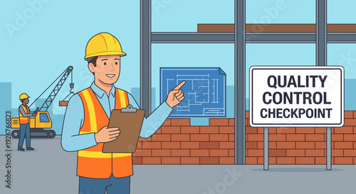 Male construction engineer in a hardhat and safety vest holds a clipboard while pointing at a blueprint on a building site with a quality control checkpoint sign